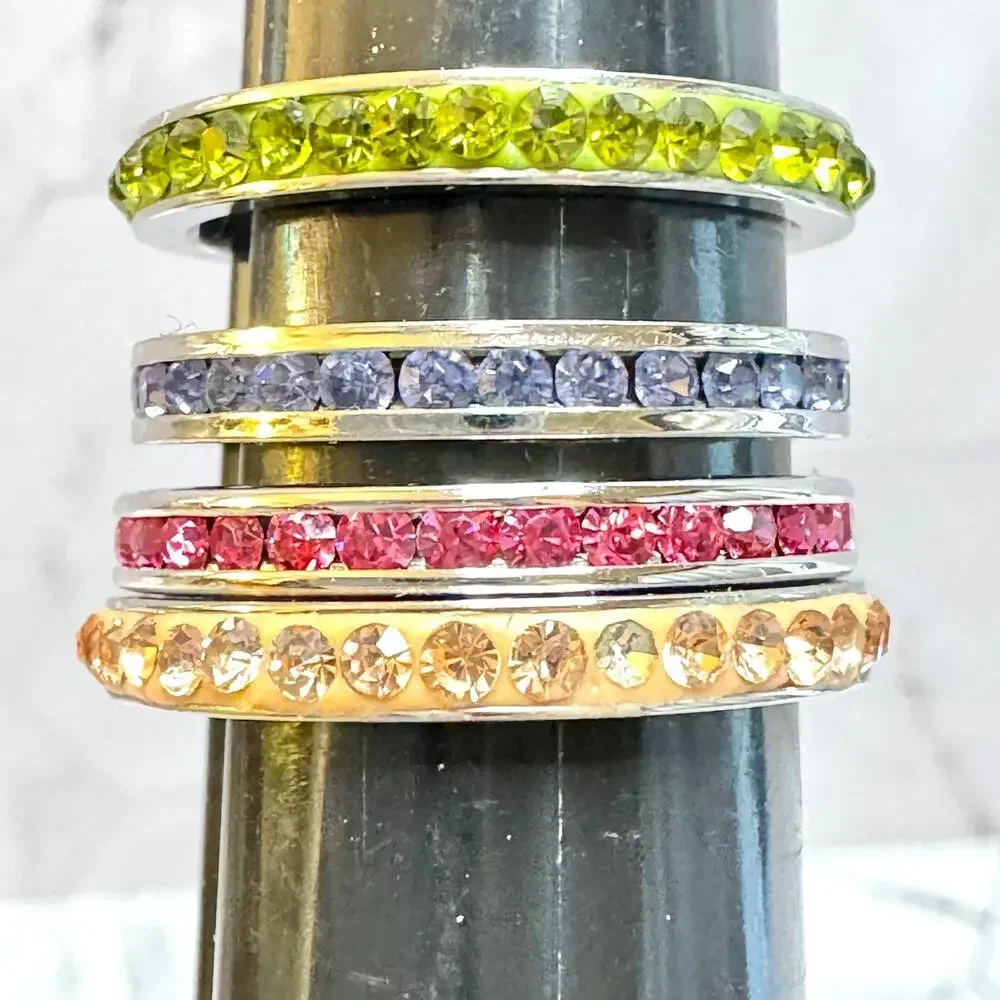 Lot of 9 Crystal Eternity Bands Green Lavender Pink Stacking Channel Set Various